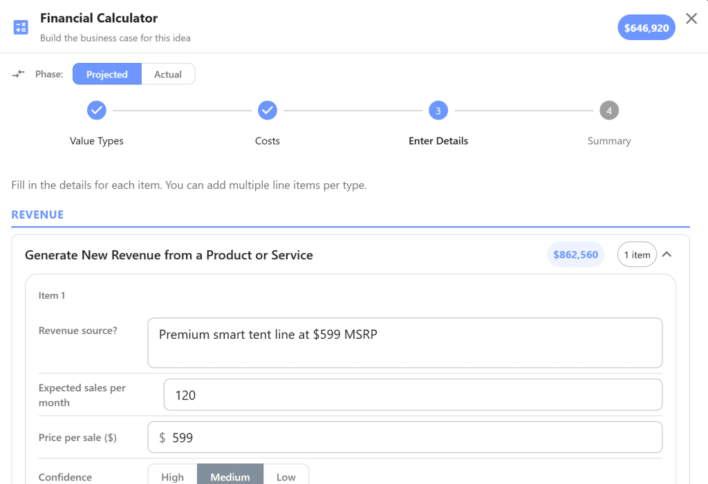Idea value calculator modal