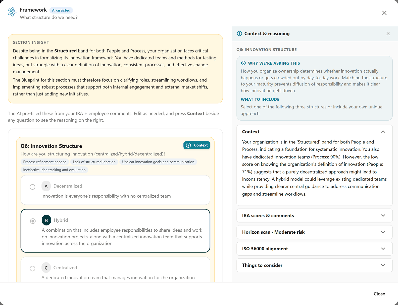A Blueprint question with the context and reasoning panel open beside it, citing the organization’s assessment scores