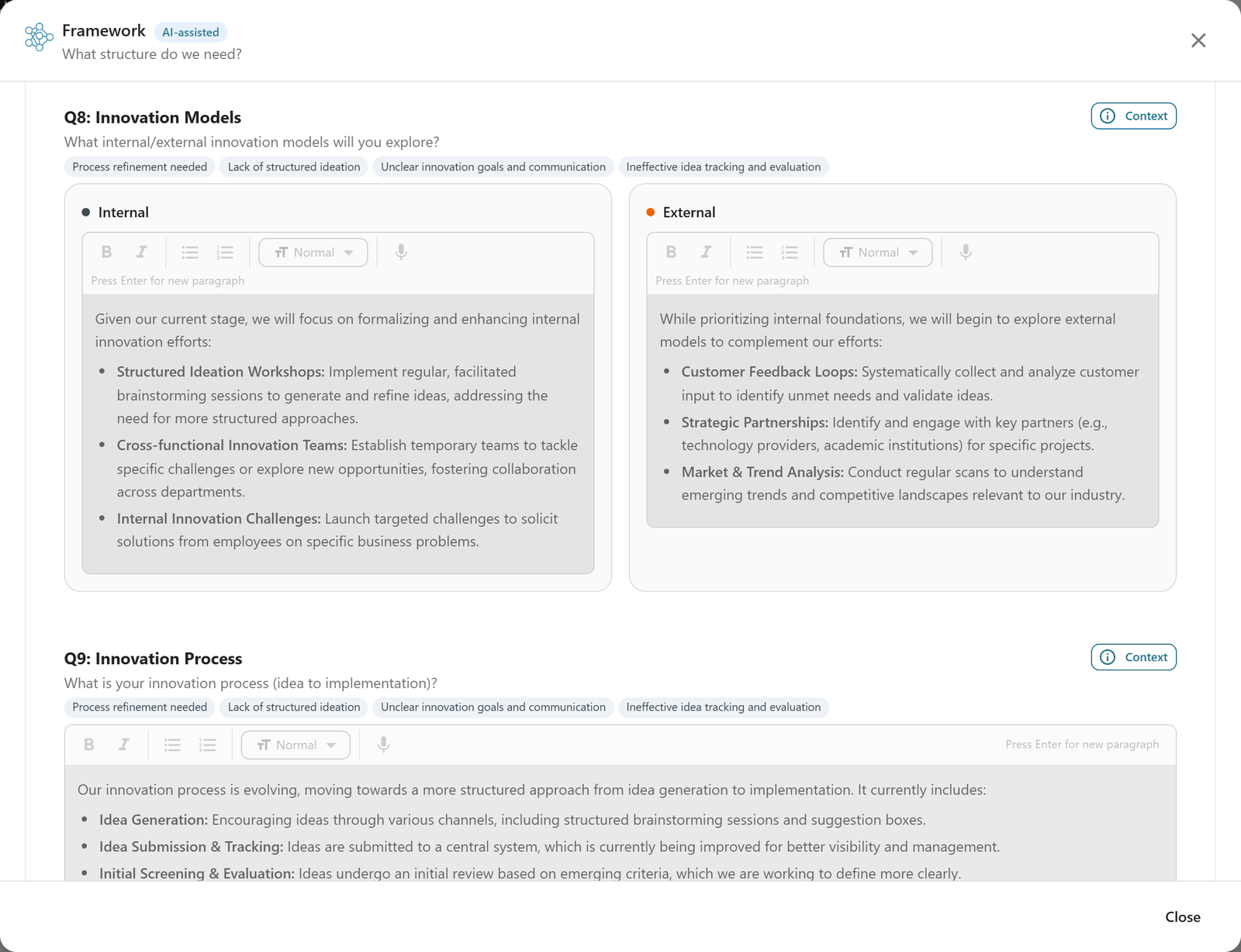 Drafted answers on internal and external innovation models, ready for the team to review and edit